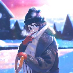 Rule 34 | 1girl, beanie, black coat, black hat, blue eyes, blurry, blurry background, blush, breath, building, coat, gloves, hair between eyes, hand up, hat, highres, kunitarou-art, looking at viewer, open mouth, original, red gloves, scarf, snow, solo, upper body, white scarf