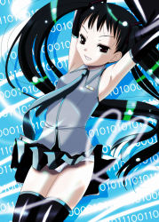 Rule 34 | 1girl, alternate hairstyle, ar tonelico, ar tonelico ii, armpits, binary, black hair, cosplay, detached sleeves, female focus, gust, hatsune miku, hatsune miku (cosplay), inumori sayaka, jakuri (ar tonelico), long hair, necktie, panties, red eyes, skirt, solo, thighhighs, twintails, underwear, very long hair, vocaloid, zettai ryouiki