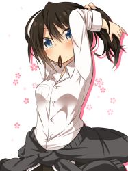 Rule 34 | 1girl, adjusting hair, arms behind head, arms up, black hair, black skirt, black sweater, blue eyes, blush, breast pocket, breasts, cherry blossoms, clothes around waist, collared shirt, commentary request, cowboy shot, floral background, hair between eyes, hair tie, hairdressing, head tilt, long hair, long sleeves, looking at viewer, medium breasts, mouth hold, original, pleated skirt, pocket, ponytail, shirt, shitada, skirt, sleeves pushed up, solo, sweater, sweater around waist, white background, white shirt