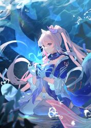 Rule 34 | 1girl, air bubble, blue gemstone, blunt tresses, bow, bow-shaped hair, bubble, closed mouth, fish, frilled sleeves, frills, gem, genshin impact, gloves, hair intakes, hair ornament, hands up, highres, japanese clothes, jewelry, long hair, long sleeves, looking at viewer, miliya, necklace, pink hair, ponytail, purple bow, purple eyes, purple shirt, ripples, sangonomiya kokomi, shirt, shorts, sitting, smile, solo, tassel, thighhighs, underwater, wariza, water, white gloves, white shorts, white thighhighs, wide sleeves