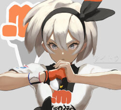 Rule 34 | 1girl, bea (pokemon), black hairband, breasts, character name, commentary request, creatures (company), dark-skinned female, dark skin, dynamax band, frown, game freak, gloves, grey eyes, grey hair, hairband, holding, holding poke ball, inoitoh, nintendo, poke ball, pokemon, pokemon swsh, serious, short hair, single glove, small breasts, solo, ultra ball, upper body, v-shaped eyebrows, wristband