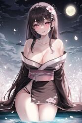 Rule 34 | 1girl, absurdres, bare shoulders, black hair, black kimono, black panties, breasts, cherry blossoms, cleavage, collarbone, floral print, flower, full moon, hair flower, hair ornament, highres, japanese clothes, kanzashi, kimono, kuca (ku ca18), large breasts, long hair, long sleeves, looking at viewer, mole, mole under eye, moon, multi-strapped panties, night, no bra, obi, off shoulder, original, outdoors, panties, panty straps, parted lips, petals, red eyes, sash, side slit, sitting, smile, solo, string panties, thighs, underwear, very long hair, water, wet