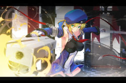 Rule 34 | 1girl, alternate breast size, arc system works, armpits, bare shoulders, beret, black thighhighs, blazblue, breasts, checkered floor, covered erect nipples, detached sleeves, dual persona, dual wielding, firing, floor, foreshortening, gloves, green eyes, gun, handgun, hat, highres, holding, large breasts, letterboxed, looking at viewer, necktie, noel vermillion, rokunashi hitonashi, short hair, solo, stairs, thighhighs, uniform, wallpaper, weapon