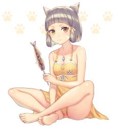 Rule 34 | 1girl, anbe yoshirou, animal ears, blunt bangs, breasts, cat ears, dress, eating, fish, fish (food), full body, grilled fish, highres, looking at viewer, nia (fancy sundress) (xenoblade), nia (xenoblade), nintendo, one-piece swimsuit, panties, pantyshot, paw print, paw print background, ribbon, simple background, sitting, small breasts, smile, solo, spoilers, sundress, swimsuit, underwear, white background, xenoblade chronicles (series), xenoblade chronicles 2, yellow one-piece swimsuit, yellow ribbon