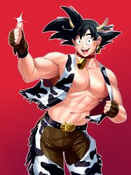 Rule 34 | 1boy, abs, animal ears, animal print, bara, bare pectorals, black hair, brown gloves, brown pants, carless (ppanic), chinese zodiac, cow boy, cow ears, cow horns, cow print, dragon ball, dragonball z, gloves, gradient background, highres, horns, large pectorals, male focus, muscular, muscular male, navel, nipples, open clothes, open mouth, open vest, pants, pectorals, short hair, simple background, smile, solo, son goku, spiked hair, thumbs up, vest, year of the ox