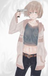 Rule 34 | 1girl, belt, belt buckle, black pants, blush, buckle, collarbone, commentary, crop top, crying, crying with eyes open, earrings, finger on trigger, green eyes, groin, gun, gun to head, handgun, highres, holding, holding gun, holding weapon, hood, hoodie, jewelry, light brown hair, long sleeves, looking at viewer, midriff, navel, navel piercing, open clothes, open hoodie, original, pants, piercing, pistol, ru no, short hair, solo, suicide, tears, weapon, white background, wide sleeves