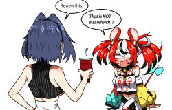 Rule 34 | 1girl, 2girls, angry, animal ears, bare shoulders, black collar, black hair, blank eyes, blush, collar, colored tips, commentary, cup, ddolbang, disposable cup, english commentary, english text, hakos baelz, highres, hololive, hololive english, korean commentary, mixed-language commentary, mouse ears, mouse girl, mouse tail, multicolored hair, multiple girls, ouro kronii, red hair, shirt, sleeveless, sleeveless shirt, strapless, strapless shirt, streaked hair, tail, twintails, virtual youtuber, wavy mouth, white hair, white shirt
