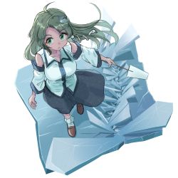 Rule 34 | 1girl, 5alive, ahoge, arm at side, blue skirt, bobby socks, breasts, brown footwear, collared shirt, commentary request, detached sleeves, floating hair, frog hair ornament, from above, gohei, green eyes, green hair, hair ornament, hair tubes, highres, holding, kochiya sanae, loafers, long hair, long skirt, looking at viewer, medium breasts, outstretched arm, parted bangs, parted lips, shirt, shoes, sidelocks, sideways glance, simple background, skirt, sleeveless, sleeveless shirt, snake hair ornament, socks, solo, touhou, white background, white shirt, white socks