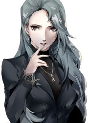 Rule 34 | 1girl, arm up, black nails, blazer, brown eyes, dangle earrings, earrings, finger to mouth, grey jacket, hair behind ear, highres, index finger raised, jacket, jewelry, long hair, looking at viewer, nail polish, necklace, niijima sae, parted lips, persona, persona 5, pertex 777, silver hair, turtleneck, upper body, white background