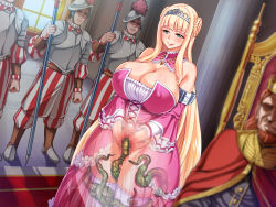 Rule 34 | 1girl, :p, beard, blonde hair, blush, boots, braid, breasts, censored, cleavage, covered erect nipples, crown, detached collar, detached sleeves, dress, elisabeth von elstein, facial hair, french braid, frilled dress, frills, gloves, green eyes, half-closed eyes, hands together, highres, huge breasts, indoors, jewelry, king, knight, legs, long hair, mosaic censoring, naughty face, necklace, neroma shin, no eyes, no panties, original, oujo &amp; onna kishi w dogehin roshutsu ~chijoku no misemono dorei~, princess, pussy, sidelocks, smile, standing, strapless, tentacle sex, tentacles, thighhighs, thighs, throne, tongue, tongue out, vaginal, very long hair, x-ray