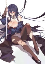 Rule 34 | 1girl, black hair, black pantyhose, breasts, cleavage, cleavage cutout, clothing cutout, hair between eyes, highres, holding, holding sword, holding weapon, iron saga, katana, large breasts, long hair, oboro (iron saga), panties, pantyhose, red cucumber, sheath, sheathed, simple background, sitting, sword, torn clothes, torn legwear, underwear, very long hair, weapon, white background