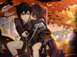 Rule 34 | 1boy, 1girl, black gloves, black hair, black nails, black shorts, blurry, blurry background, brown hair, bug, butterfly, carrying, carrying person, chinese clothes, earrings, eyeliner, eyeshadow, face-to-face, falling leaves, flower, flower-shaped pupils, formal, genshin impact, ginkgo leaf, ginkgo tree, gloves, hair between eyes, hair flower, hair ornament, highres, hu tao (genshin impact), insect, jacket, jewelry, leaf, long hair, long sleeves, mack76337248, makeup, mountainous horizon, multiple rings, naughty face, outdoors, piggyback, red eyes, red eyeshadow, ring, shorts, sidelocks, signature, single earring, sky, smile, suit, symbol-shaped pupils, tassel, tassel earrings, thumb ring, timestamp, twintails, very long hair, yellow eyes, zhongli (genshin impact)