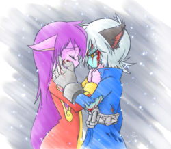 Rule 34 | 1boy, 1girl, animal ears, blood, blue hair, blue skin, colored skin, closed eyes, gloves, hands on another&#039;s face, injury, league of legends, lulu (league of legends), no headwear, no headwear, pointy ears, purple hair, purple skin, snowing, tears, torn clothes, veigar, wiping tears, yan531, yellow eyes