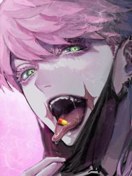 Rule 34 | 1boy, bad id, bad twitter id, earrings, eyelashes, green eyes, jewelry, lcu ivv, long hair, looking at viewer, male focus, mask, mask pull, mouth mask, open mouth, pill, pink background, pink hair, portrait, sanzu haruchiyo, scar, scar on face, solo, tokyo revengers, tongue, tongue out