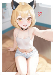Rule 34 | 1girl, absurdres, animal ears, arm support, armpits, artist name, bare shoulders, black choker, blonde hair, blush, breasts, camisole, cat ears, character request, choker, copyright request, crop top, heart, heart o-ring, highres, looking at viewer, midriff, navel, o-ring, o-ring choker, open mouth, outside border, outstretched arm, reaching, reaching towards viewer, regiana (jubi), selfie, short hair, shorts, small breasts, smile, solo, thighs, white shorts, yellow eyes