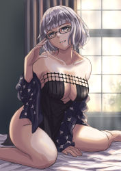 Rule 34 | 1girl, bare shoulders, black dress, black jacket, blue eyes, breasts, cleavage, cropped jacket, dress, fate/grand order, fate (series), glasses, grey hair, grin, highres, hood, hooded jacket, jacket, jacques de molay (foreigner) (fate), ksfactory, large breasts, long sleeves, looking at viewer, off shoulder, open clothes, open jacket, short dress, short hair, sitting, smile, solo, tagme, thighs, wariza