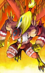 Rule 34 | blonde hair, blue eyes, body writing, claws, clenched hand, digimon, digimon (creature), digimon adventure, feathers, garudamon, long hair, no humans, solo, talons, tsumujin, wings