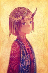 Rule 34 | 1girl, blue scarf, blunt bangs, brown eyes, closed mouth, commentary request, dress, from side, horns, jewelry, looking at viewer, looking to the side, mosaic background, oni, oni horns, original, red dress, red hair, sakimori (hououbds), scarf, short hair, solo, yellow background