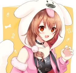 Rule 34 | 1girl, :d, animal hood, brown hair, choker, claw pose, collarbone, commentary request, detached sleeves, dog hood, dog tail, fake tail, hair between eyes, highres, hololive, hood, inugami korone, inugami korone (loungewear), kuze matsuri, long hair, long sleeves, looking at viewer, nail polish, open mouth, red eyes, sidelocks, simple background, smile, solo, tail, virtual youtuber