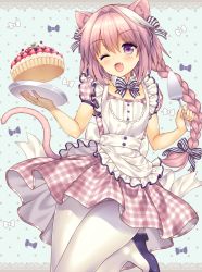 Rule 34 | 1boy, ;d, animal ears, apron, astolfo (fate), black bow, black footwear, bow, bowtie, braid, cake, cat ears, cat tail, dress, eyebrows, fang, fate/apocrypha, fate/grand order, fate (series), food, hair between eyes, hair bow, hair intakes, hair ribbon, high heels, highres, holding, leg up, long hair, lyric (hina9111), maid, maid apron, male focus, one eye closed, open mouth, pantyhose, pie, pink dress, pink hair, pink theme, polka dot, polka dot background, ponytail, purple eyes, ribbon, smile, solo, striped, striped bow, tail, trap, white bow, white pantyhose