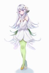 Rule 34 | 1girl, bare shoulders, breasts, commentary request, dress, elbow gloves, female focus, flower, gloves, gradient background, green pantyhose, green ribbon, grey background, grey hair, hair flower, hair ornament, hair ribbon, hands up, highres, lily (flower), long hair, looking at viewer, myusha, original, pantyhose, personification, pointy ears, purple eyes, ribbon, shoes, short dress, sleeveless, sleeveless dress, small breasts, solo, standing, tiptoes, very long hair, white background, white dress, white flower, white gloves, yellow footwear