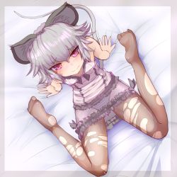 Rule 34 | 1girl, alternate costume, animal ears, blush, brown pantyhose, feet, female focus, framed, grey hair, ishikkoro, kneeling, lingerie, looking at viewer, mouse ears, mouse tail, nazrin, negligee, no shoes, outside border, panties, pantyhose, pink eyes, purple panties, see-through, sitting, soles, solo, tail, torn clothes, torn pantyhose, touhou, underwear, wariza