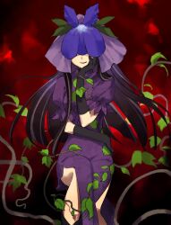 Rule 34 | 1girl, black gloves, black hair, china dress, chinese clothes, covered eyes, dress, flower, food print, fruit print, gloves, grape print, hand on own face, highres, kaigen 1025, long hair, open mouth, plant, purple dress, purple flower, short sleeves, smile, solo, touhou, unfinished dream of all living ghost, vine print, vines, yomotsu hisami