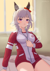 Rule 34 | 1girl, absurdres, animal ears, blurry, blurry background, bow, breasts, buruma, commentary request, curren chan (umamusume), depth of field, ear bow, grey hair, gym shirt, gym uniform, heavy breathing, highres, horse ears, horse girl, horse tail, indoors, jacket, long sleeves, looking at viewer, medium breasts, parted lips, purple eyes, red bow, red buruma, shirt, sitting, solo, steam, sweat, tail, track jacket, twitter username, umamusume, white jacket, white shirt, window, yukke jan