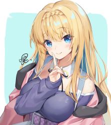 Rule 34 | 1girl, bare shoulders, belt, blonde hair, blue background, blue eyes, blue hair, blue shirt, blush, braid, breasts, cannian dada, closed mouth, commentary request, copyright request, grey skirt, hair between eyes, hand up, highres, index finger raised, jacket, long sleeves, looking at viewer, medium breasts, multicolored hair, off-shoulder shirt, off shoulder, pink jacket, puffy long sleeves, puffy sleeves, shirt, skirt, sleeves past wrists, smile, solo, two-tone background, two-tone hair, upper body, white background