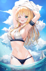 Rule 34 | 1girl, ;d, absurdres, anchor necklace, armband, armpits, arms up, bare shoulders, beach, bikini, black bikini, blonde hair, blue eyes, boat, breasts, caba (caba091), cleavage, cloud, cloudy sky, commentary, cowboy shot, gluteal fold, highres, jewelry, large breasts, mismatched bikini, multi-strapped bikini, navel, necklace, one eye closed, open mouth, original, sailboat, sky, smile, solo, standing, stomach, string bikini, swimsuit, symbol-only commentary, thigh gap, undressing, unworn shirt, wading, water, watercraft, wet, white bikini