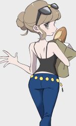 Rule 34 | 1girl, ass, ayakadegozans, bag, baguette, bare shoulders, beauty (pokemon), blue pants, bread, creatures (company), eyewear on head, food, game freak, grey background, grey eyes, grocery bag, highres, holding, holding bag, light brown hair, looking at viewer, nintendo, pants, pokemon, pokemon xy, shopping bag, smile, solo, sunglasses, updo