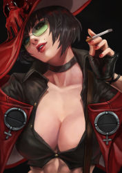 Rule 34 | 1girl, abs, absurdres, black choker, black hair, black shirt, blue eyes, breasts, choker, cigarette, collared shirt, commentary, cropped shirt, english commentary, fingernails, green-tinted eyewear, green-tinted glasses, guilty gear, guilty gear strive, hat, head tilt, heterochromia, highres, holding, holding cigarette, i-no, jacket, large breasts, lips, lipstick, makeup, midriff, mole, mole above mouth, monori rogue, nail polish, nose, open clothes, open jacket, partially unbuttoned, red eyes, red hat, red nails, rimless eyewear, shirt, short hair, smoking, solo, sunglasses, tinted eyewear, witch hat