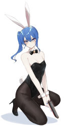 Rule 34 | 1girl, animal ears, bare arms, bare shoulders, black bow, black bowtie, black leotard, blue eyes, blue hair, blue nails, bow, bowtie, breasts, brown pantyhose, cleavage, closed mouth, detached collar, fake animal ears, fake tail, full body, gun, hair between eyes, handgun, high heels, highres, holding, holding gun, holding weapon, hololive, hoshimachi suisei, leotard, long hair, nail polish, on one knee, pantyhose, rabbit ears, rabbit tail, saco (cgmore), side ponytail, simple background, small breasts, solo, strapless, strapless leotard, tail, v arms, virtual youtuber, weapon, white background, wrist cuffs