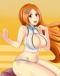 Rule 34 | 1girl, absurdres, angel pena (angelox), bare legs, bare shoulders, bleach, bleach: sennen kessen-hen, blush, breasts, brown eyes, cleavage, cleavage cutout, clothing cutout, covered erect nipples, crop top, highres, inoue orihime, large breasts, long hair, no pants, open mouth, orange hair, panties, sitting, smile, solo, striped, thighs, underwear, vertical stripes