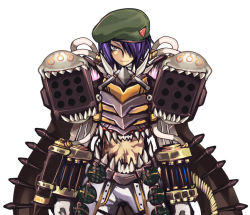 Rule 34 | 1boy, armor, beret, breastplate, closed mouth, commentary request, cowboy shot, emon-yu, flask, garter straps, genetic (ragnarok online), green hat, hair between eyes, hair over one eye, hat, living clothes, looking at viewer, midriff, missile pod, pants, purple hair, ragnarok online, round-bottom flask, short hair, simple background, smile, solo, teeth, vial, white background, white pants, yellow eyes