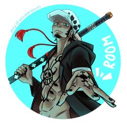 Rule 34 | 1boy, 2023, black hair, black nails, chest tattoo, circle, commentary, earrings, english commentary, facial hair, goatee, hand tattoo, hat, highres, holding, holding sword, holding weapon, jewelry, keysandcrosses, looking at viewer, male focus, one piece, short hair, sideburns, solo, sword, tattoo, trafalgar law, twitter username, weapon