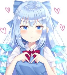 Rule 34 | 1girl, aged up, alternate hair length, alternate hairstyle, bad id, bad pixiv id, blue dress, blue eyes, blue hair, blush, bow, bowtie, breasts, cirno, dress, expressionless, hair bow, heart, heart hands, long hair, medium breasts, nibosi, parted lips, pinafore dress, puffy short sleeves, puffy sleeves, red bow, red bowtie, shirt, short sleeves, simple background, sleeveless dress, solo, standing, touhou, triangle mouth, upper body, very long hair, white background, white shirt