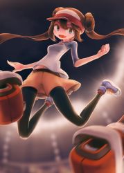 Rule 34 | 1girl, arms (game), bad anatomy, black pantyhose, blush, brown hair, clenched hand, creatures (company), double bun, fang, game freak, hair bun, hat, jumping, lights, long hair, long legs, looking at viewer, makaroll, motion blur, nintendo, open hand, open mouth, pantyhose, pantyhose under shorts, parody, pokemon, pokemon bw2, rosa (pokemon), shoes, short shorts, shorts, skirt, smile, sneakers, twintails, very long hair, visor cap