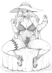 Rule 34 | 1girl, absurdres, anklet, breasts, drill hair, greyscale, hat, high heels, highres, jacket, jewelry, large breasts, long hair, monochrome, mushi024, necklace, original, sitting, spread legs, sun hat, sunglasses, swimsuit