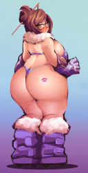 Rule 34 | 1girl, ass, breasts, brown eyes, brown hair, fat, glasses, huge ass, large breasts, lipstick mark, looking at viewer, looking back, mei (overwatch), overwatch, overwatch 1, plump, riendonut, sideboob, smile, solo, standing, tagme, thick thighs, thighs