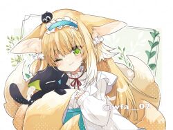 Rule 34 | 1girl, animal ears, arknights, artist name, black cat, blonde hair, blue hairband, blue skirt, blush, cardigan, cat, closed mouth, commentary request, fox ears, fox girl, fox tail, frilled hairband, frills, green eyes, hair ornament, hair scrunchie, hairband, head tilt, heixiu, itsuki 02, kitsune, kyuubi, long hair, long sleeves, luo xiaohei, multicolored hair, multiple tails, neck ribbon, official alternate costume, on head, open cardigan, open clothes, puffy long sleeves, puffy sleeves, red ribbon, ribbon, scrunchie, shirt, skirt, sleeve cuffs, sleeves past wrists, solo, suzuran (arknights), suzuran (spring praise) (arknights), tail, luo xiaohei zhanji, twitter username, two-tone hair, upper body, white cardigan, white hair, white shirt