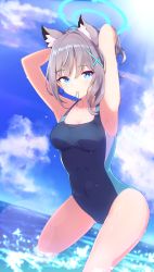 Rule 34 | 1girl, absurdres, animal ear fluff, animal ears, armpits, arms up, bare arms, blue archive, blue one-piece swimsuit, blue sky, breasts, cat ears, cleavage, cloud, collarbone, competition swimsuit, cross hair ornament, day, grey hair, hair ornament, hands in hair, highres, leaning forward, long hair, medium breasts, mouth hold, navel, nullcalc, ocean, one-piece swimsuit, outdoors, shiroko (blue archive), shiroko (swimsuit) (blue archive), sky, solo, summer, swimsuit, tying hair, wading