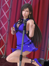 Rule 34 | 1girl, absurdres, black hair, blue dress, breasts, crescent, crescent earrings, dress, earrings, final fantasy, final fantasy vii, final fantasy vii remake, high heels, highres, jewelry, leg up, legs, looking at viewer, makeup, one eye closed, pointing, pointing at viewer, red hair, smile, square enix, sundapao, thighs, tifa lockhart, tifa lockhart (refined dress), wall market, wink