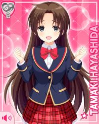 Rule 34 | 1girl, blouse, blue jacket, bow, brown hair, button, character name, clenched hands, girlfriend (kari), grey eyes, hayashida tamaki, jacket, long hair, looking at viewer, official art, open mouth, pink background, plaid, plaid skirt, qp:flapper, red bow, red skirt, ribbon, school uniform, shirt, skirt, smile, white shirt