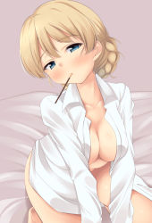 Rule 34 | 10s, 1girl, bad id, bad pixiv id, bed, blonde hair, blue eyes, blush, breasts, cleavage, darjeeling (girls und panzer), dress shirt, food, food in mouth, girls und panzer, hair bun, highres, kneeling, large breasts, long sleeves, mouth hold, naked shirt, nksk, no bra, on bed, open clothes, open shirt, pocky, seiza, shirt, single hair bun, sitting, solo
