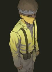 Rule 34 | 1boy, artbyshinji, bandages, black background, black eyes, brown hair, chest harness, closed mouth, cowboy shot, falco grice, harness, highres, jacket, long sleeves, looking at viewer, male focus, military, military uniform, pants, shingeki no kyojin, short hair, simple background, solo, standing, uniform, white jacket, white pants