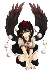 Rule 34 | 1girl, absurdres, all fours, black hair, black skirt, black thighhighs, black wings, blood, blood from mouth, blood on face, cat mask, collared shirt, frilled skirt, frills, full body, hat, highres, kyogoku-uru, lips, looking at viewer, mask, nail polish, pom pom (clothes), red eyes, red nails, red ribbon, ribbon, shameimaru aya, shirt, short hair, short sleeves, skirt, smile, solo, thighhighs, tokin hat, touhou, white background, white shirt, wings, zettai ryouiki