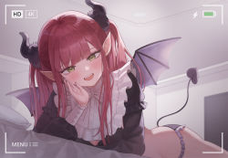 Rule 34 | 1girl, absurdres, bad id, bad pixiv id, bed, black nails, blush, demon girl, demon horns, demon tail, demon wings, green eyes, highres, horns, kitagawa marin, long hair, looking at viewer, lying, nail polish, on stomach, open mouth, panties, pillow, pointy ears, recording, red hair, rizu-kyun, room, shionori (bpo o), simple background, smile, solo, sono bisque doll wa koi wo suru, tail, teeth, twintails, underwear, upper teeth only, wings