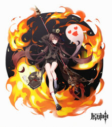 Rule 34 | 1girl, ;), absurdres, black hat, black shorts, boo tao (genshin impact), bright pupils, brown footwear, brown hair, coattails, fire, flower, flower-shaped pupils, full body, genshin impact, ghost, grin, gui haifeng, hat, hat flower, hat tassel, highres, holding, holding polearm, holding weapon, hu tao (genshin impact), long hair, looking at viewer, one eye closed, orange eyes, polearm, shorts, smile, socks, solo, staff of homa (genshin impact), symbol-shaped pupils, twintails, two-tone background, weapon, white background, white pupils, white socks