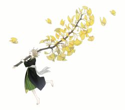 Rule 34 | 1girl, antlers, barefoot, branch, bug, butterfly, from side, ginkgo nut, ginkgo tree, highres, holding, holding branch, horns, insect, japanese clothes, kamura gimi, leg up, light brown hair, long sleeves, looking away, looking up, open mouth, original, oversized plant, profile, running, short hair, simple background, smile, solo, white background, yellow butterfly, yellow leaves
